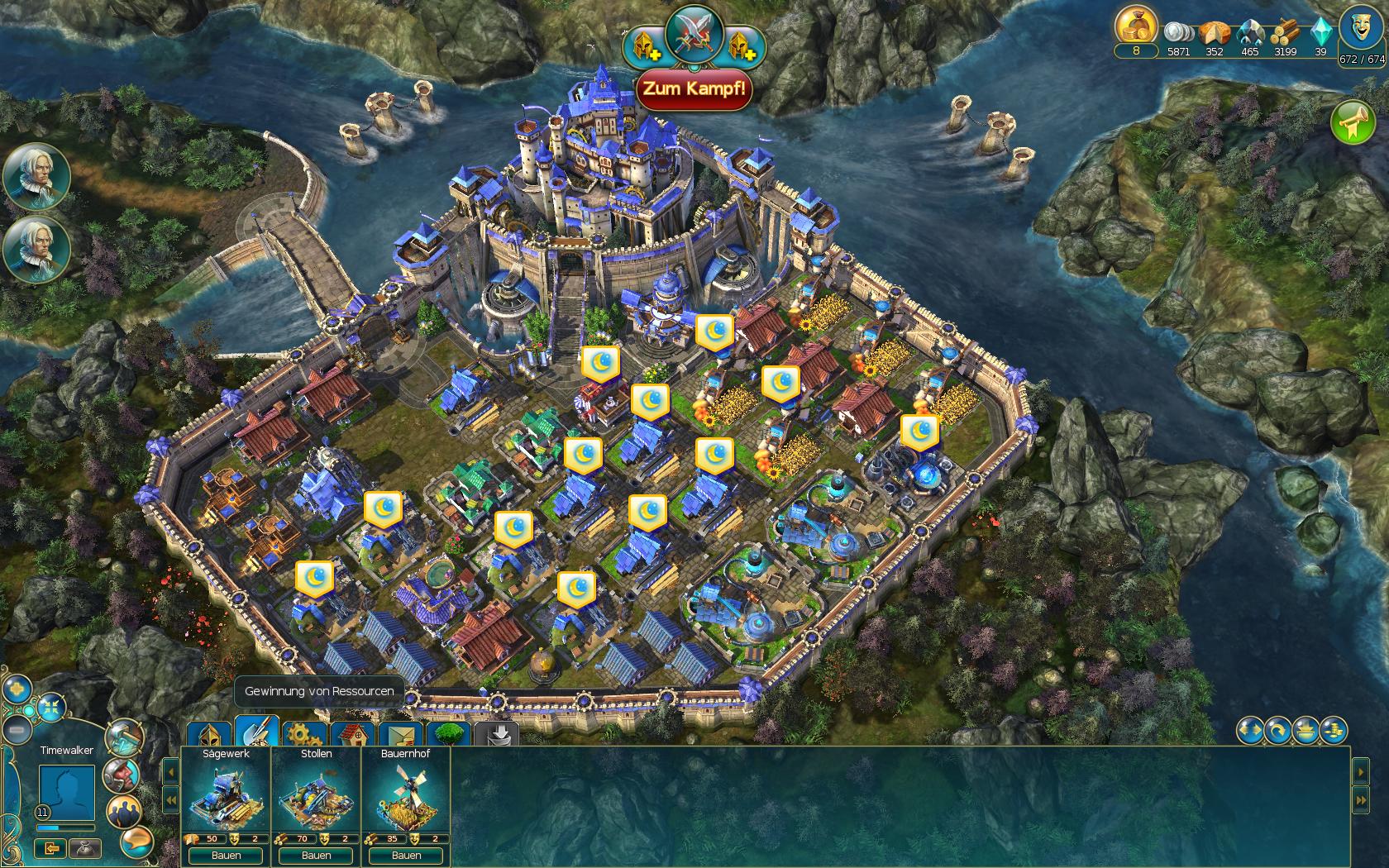 Prime World Screenshot - Schloss-Ansicht mit Fokus auf das Baumenü