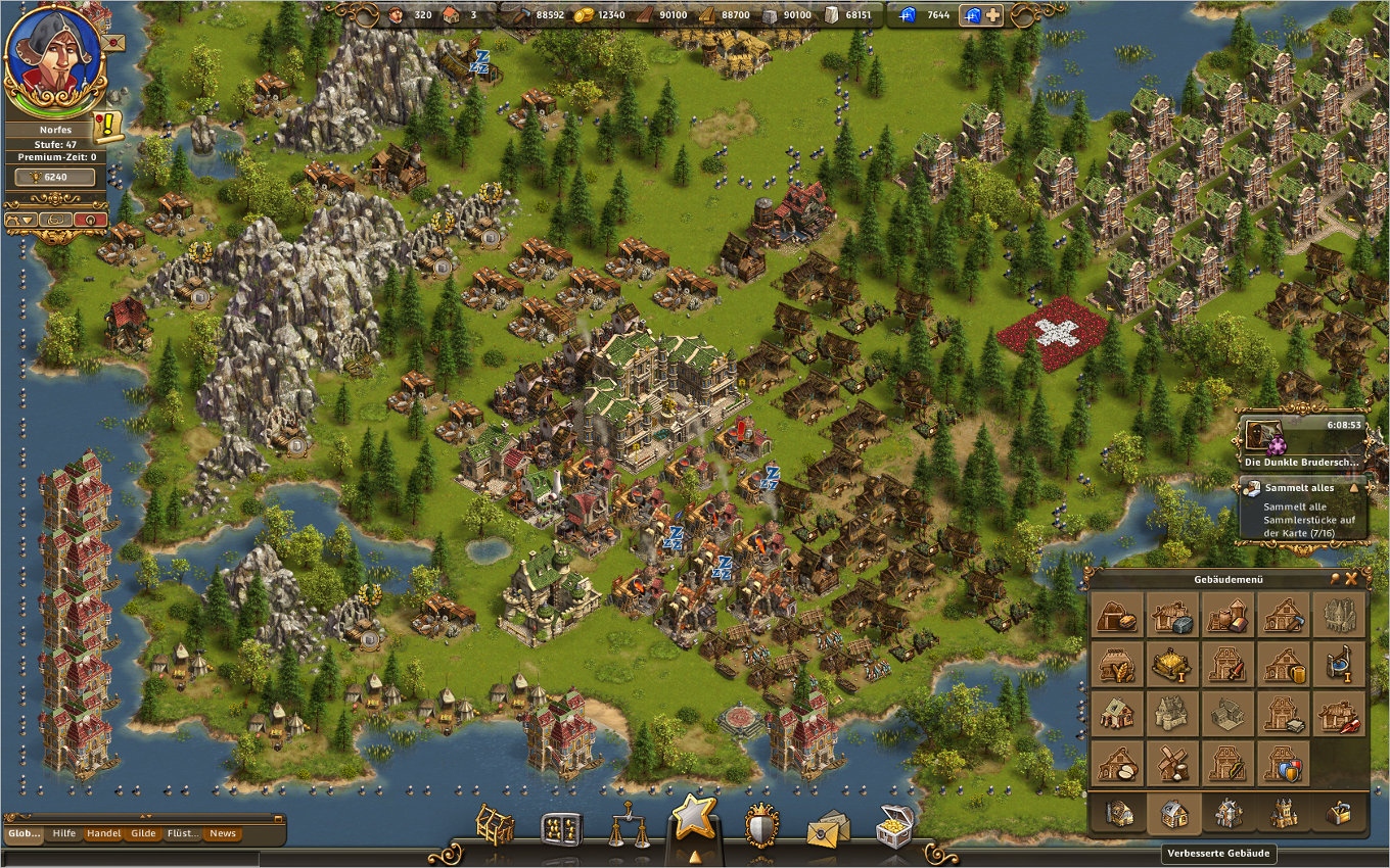 Die Siedler Online Gameplay Screenshot: Inselausschnitt mit eingeblendetem Baumenü, Aktives Abenteuer und Inselquest.